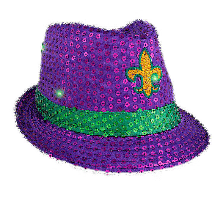 Blinkee Light-Up Mardi Gras Fedora Hat with Fleur De Lis – Purple, Green & Gold