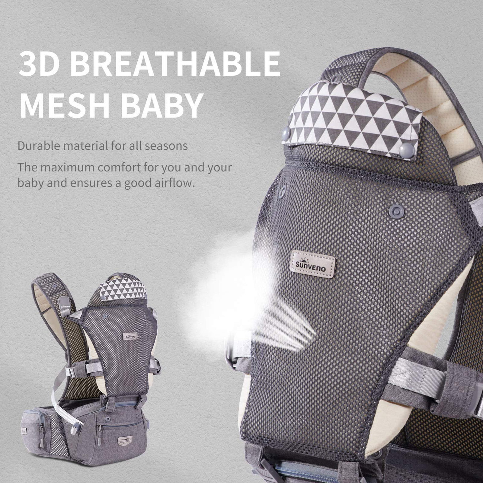 Sunveno Breathable Baby Carrier – Ergonomic Mesh, 6–36 Months, Grey