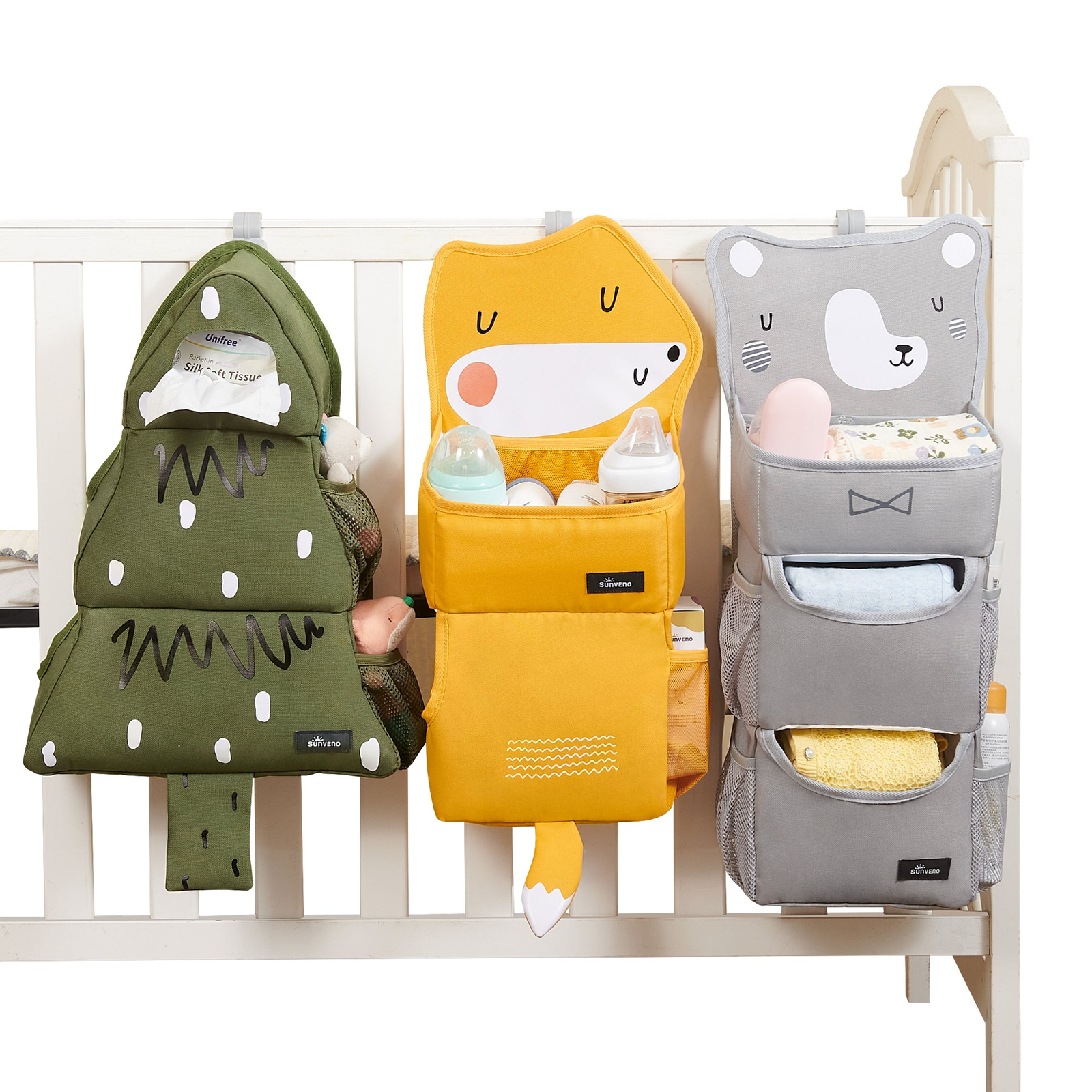 Nursery Hanging Organizer Set (3) – Fox Bear Tree | Crib/Wall Diaper Storage