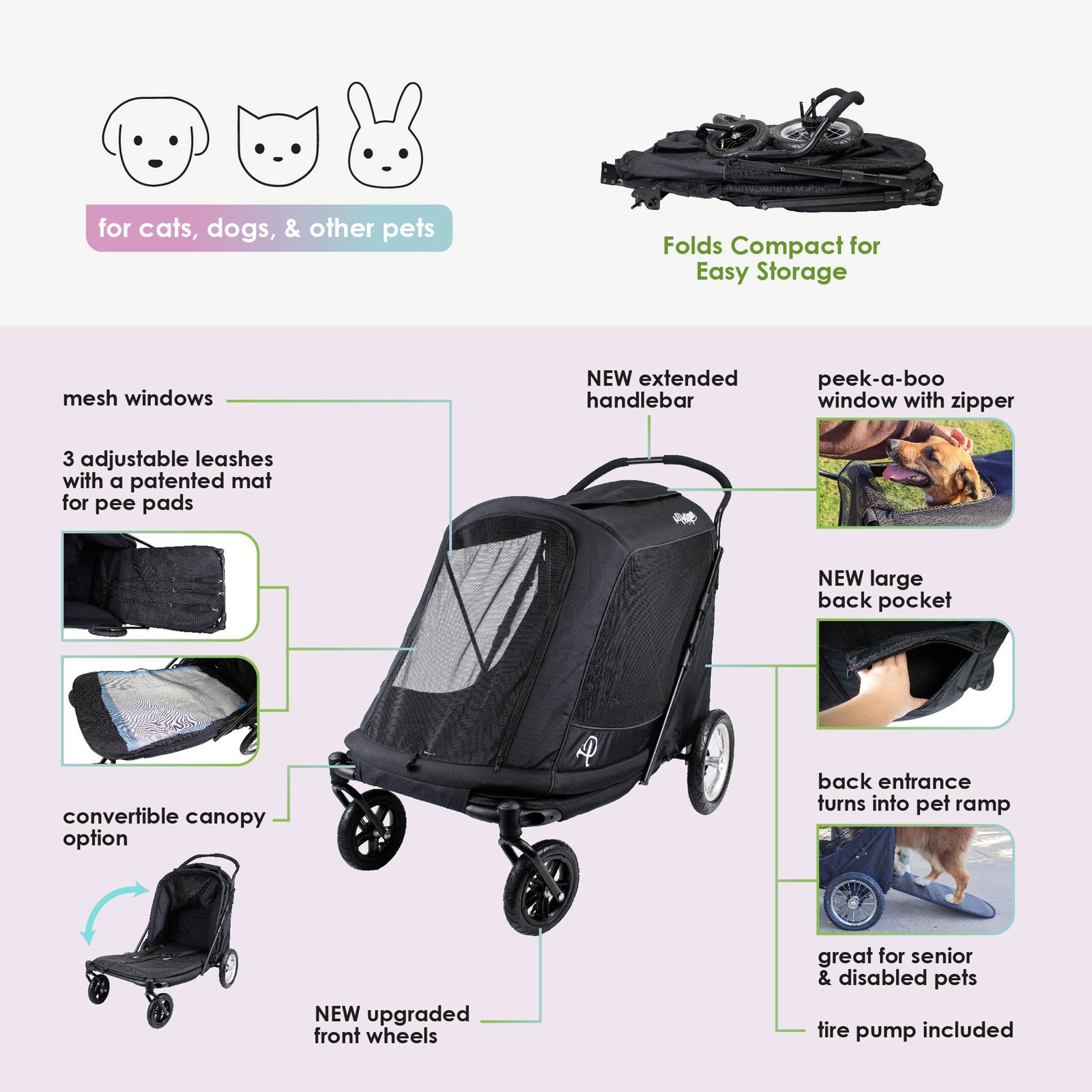 Apollo Elite Large Dog Pet Stroller – Foldable w/ Air Tires Up to 133 lbs