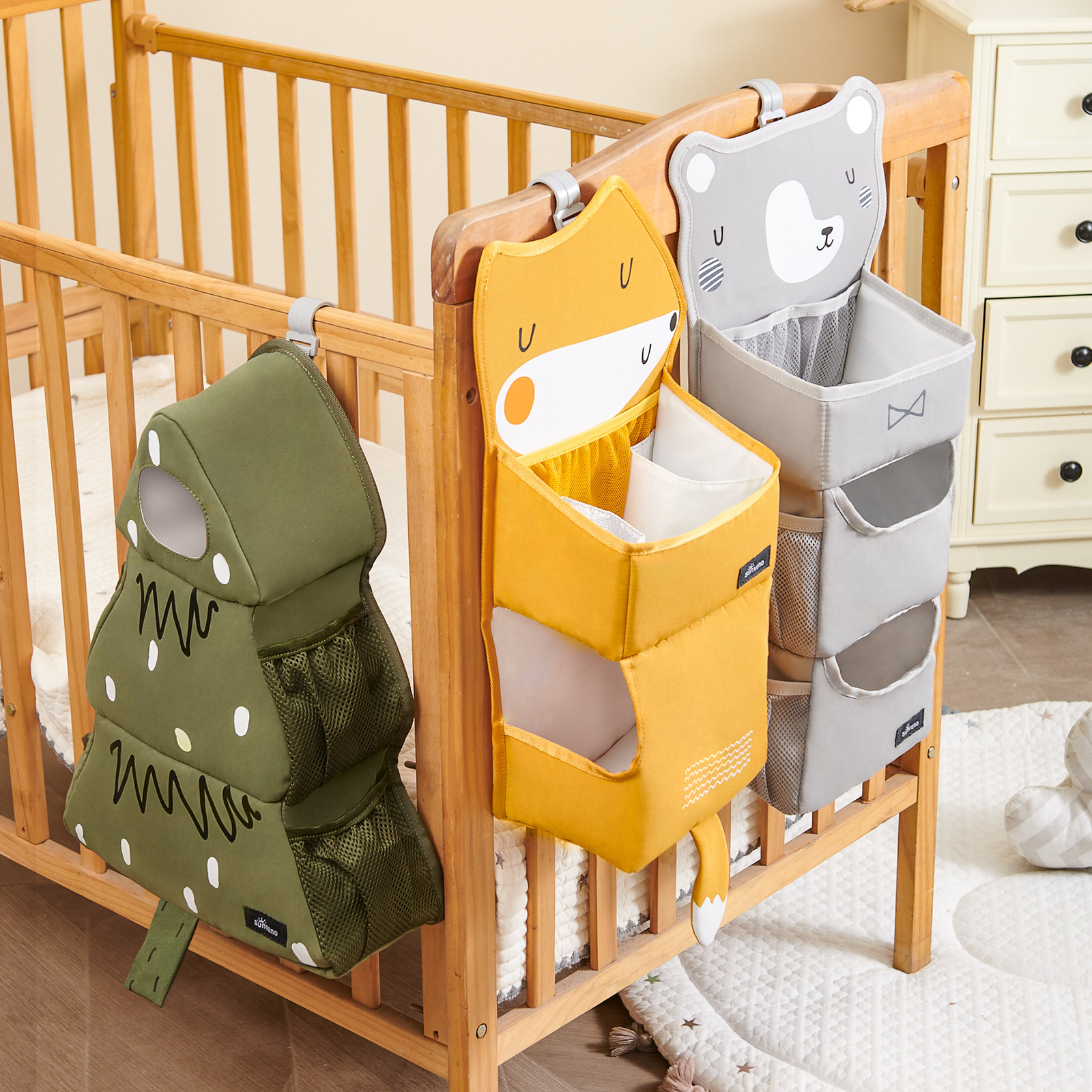 Nursery Hanging Organizer Set (3) – Fox Bear Tree | Crib/Wall Diaper Storage